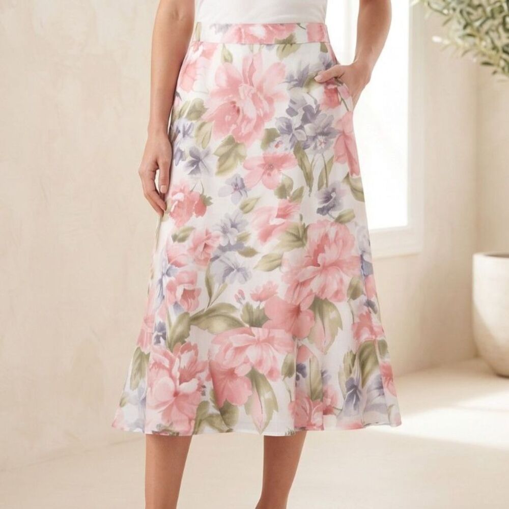 Christopher & Banks 12 Pink Watercolor Floral Chiffon Ruffle Midi Skirt Dunner